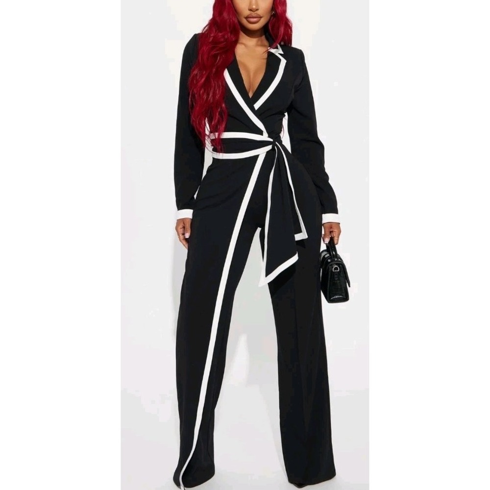 Fashion Nova True Boss Jumpsuit Womens M Black White Trim Office Siren J91087